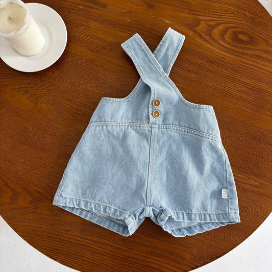 Summer Arrival Baby Kids Unisex Sleeveless Solid Color Denim Strap Overalls and White T-Shirt Clothing Set-1