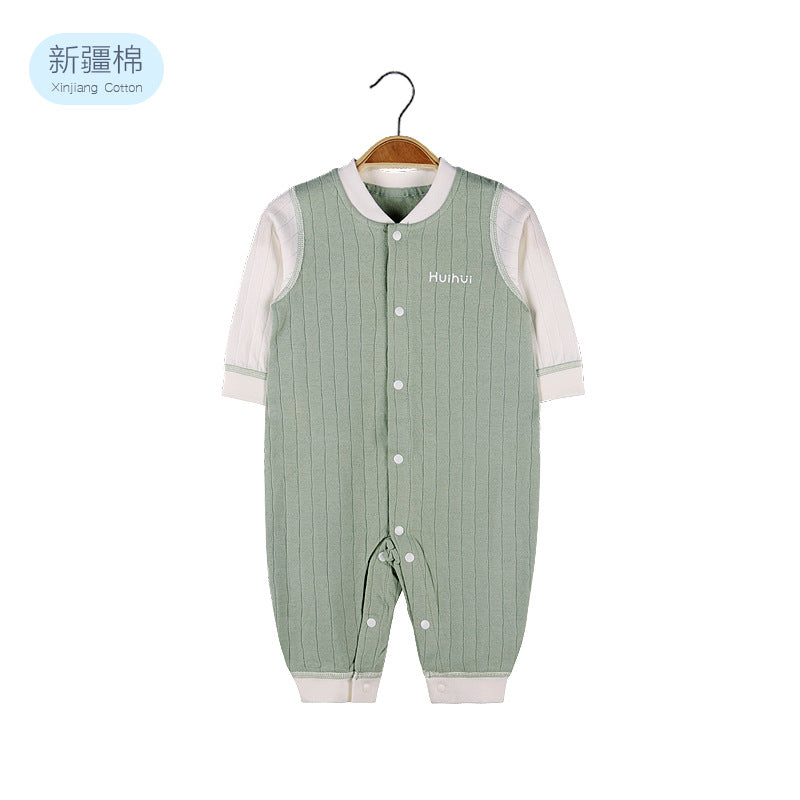 Baby Solid Color Pit Strip Fabric Single Breasted Design Cotton Jumpsuit Pajamas-6