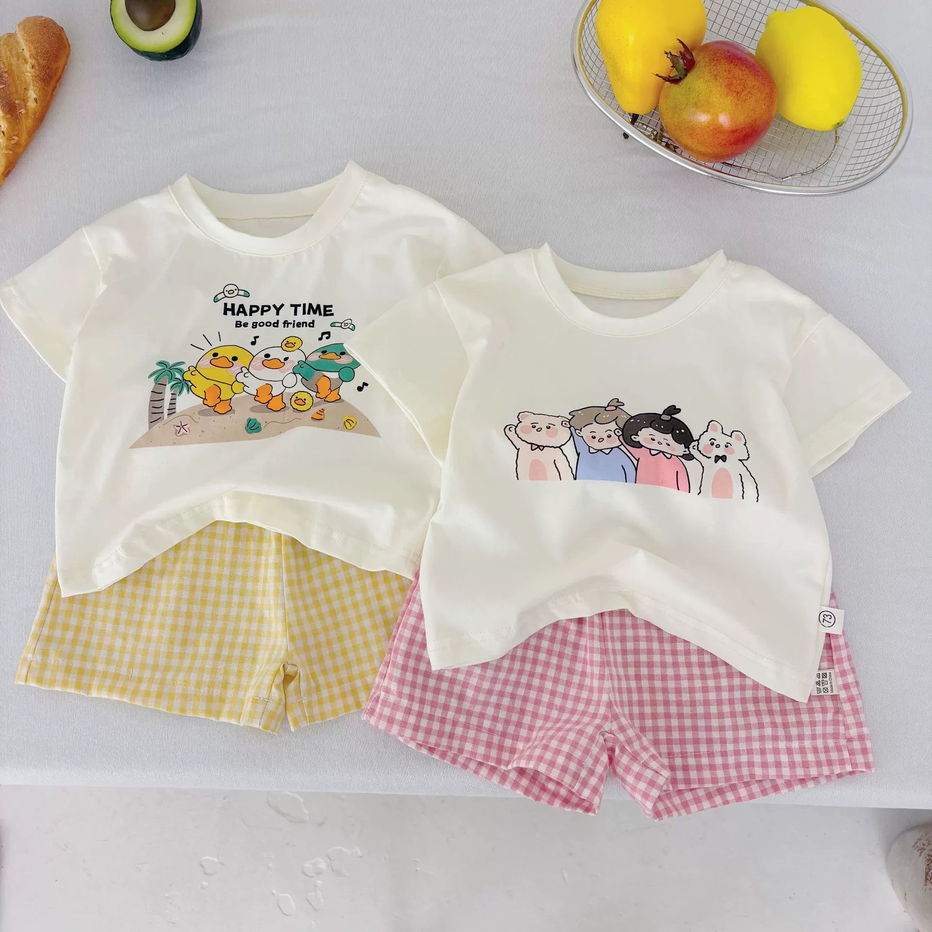 Summer Hot Selling Baby Kids Unisex Short Sleeves Cartoon Printed T-shirt and Plaid Shorts Clothing Set-0