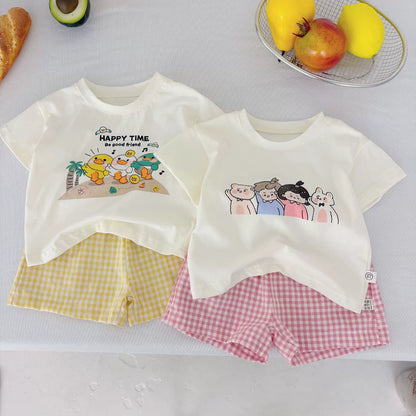 Summer Hot Selling Baby Kids Unisex Short Sleeves Cartoon Printed T-shirt and Plaid Shorts Clothing Set-0