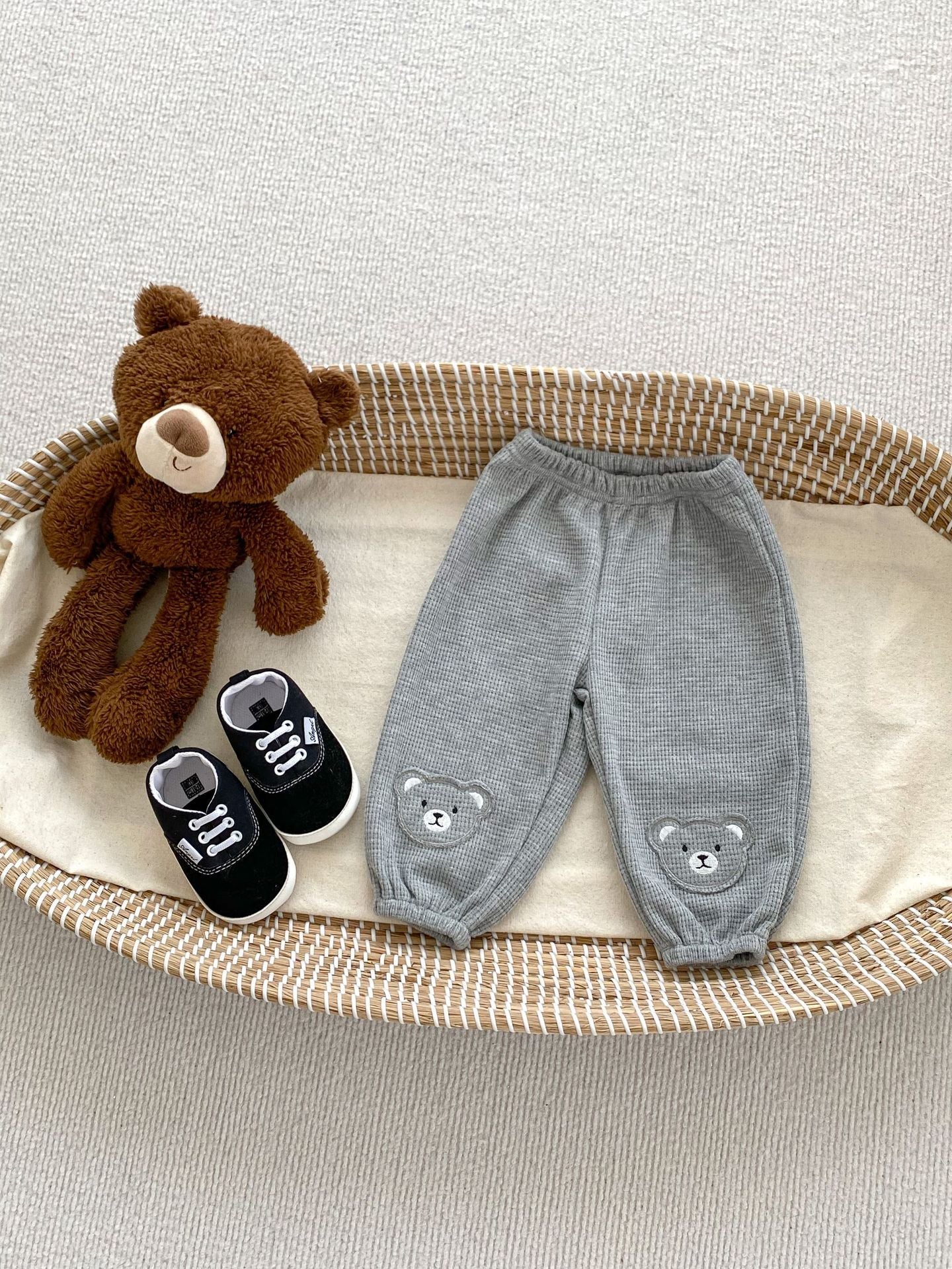 Spring Adorable Baby Kids Unisex Teddy Bear Knitted Waffle Grid Thin Pants-6