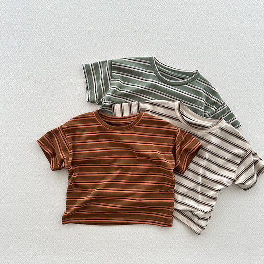 Summer New Arrival Kids Unisex Soft Comfortable Short Sleeves Striped Thin Top Casual T-Shirt-0