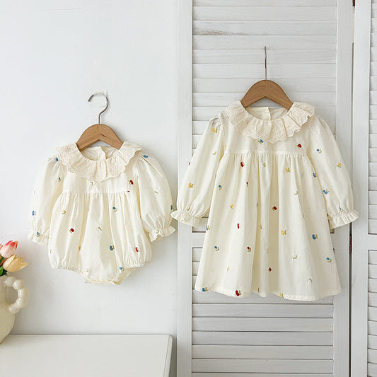 Spring Baby Girls Floral and Fruits Embroidery Pattern Long-sleeved Onesies and Dress – Princess Sister Matching Set-0