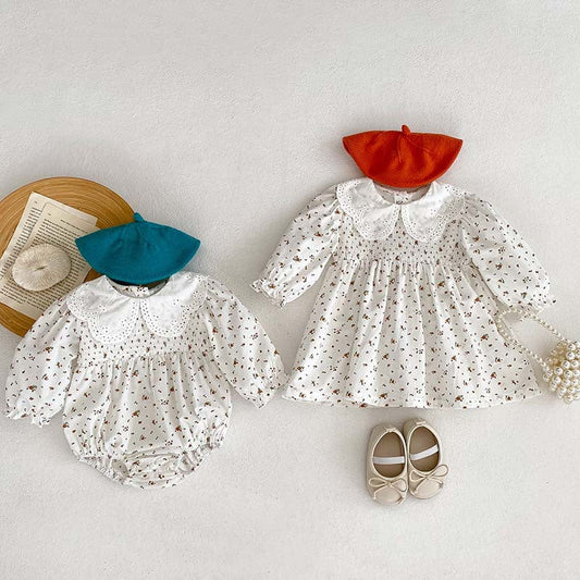 Baby Girl Floral Pattern Doll Neck Onesies & Dress-0