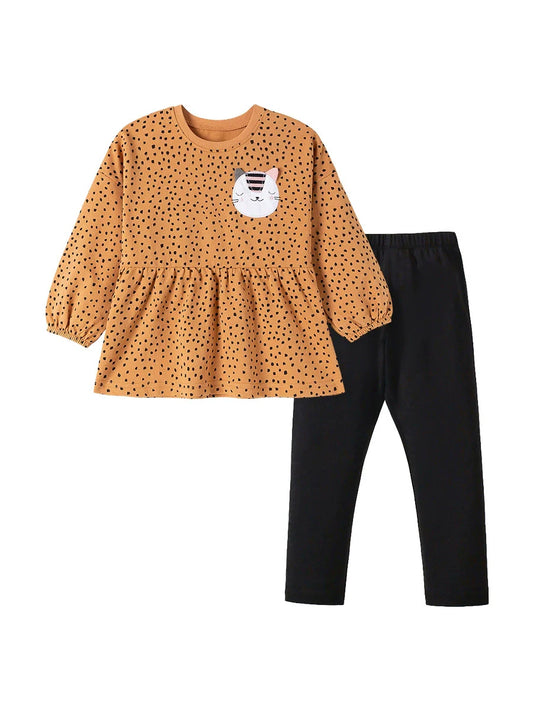 Spring and Autumn Girls Cat Cartoon and Dots Pattern Long Sleeves Sweatshirt and Black Pants Clothing Set-1