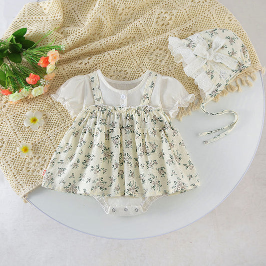 Baby Girl Floral Pattern Round Nek Short Sleeve Onesies Dress-0