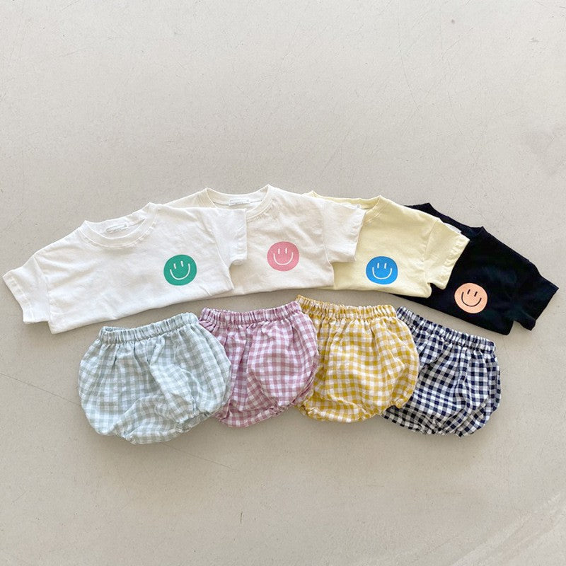 Summer Baby Kids Smiling Face Pattern T-shirt and Plaid Bloomers Clothing Set-0