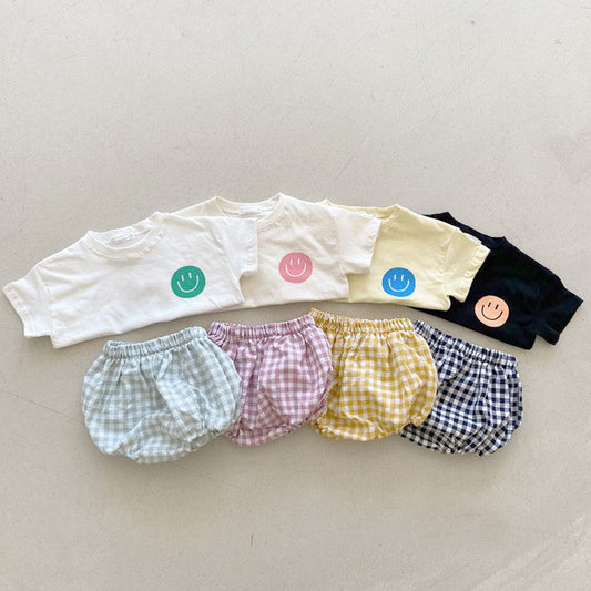 Summer Baby Kids Smiling Face Pattern T-shirt and Plaid Bloomers Clothing Set-0