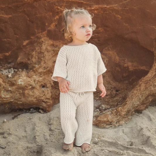 Summer Hot Selling Baby Kids Short Sleeves Plain Hollow-out Knitted Top and Pants Casual Clothing Set-0