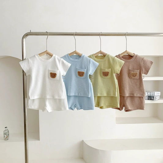 Summer Hot Selling Baby Kids Unisex Short Sleeves Crew Neck Top Shirt with Teddy Pattern and Shorts Clothing Set-0