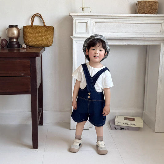 Summer Arrival Baby Kids Unisex Sleeveless Solid Color Denim Strap Overalls and White T-Shirt Clothing Set-0
