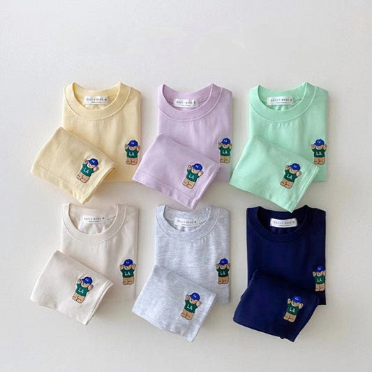 Summer Baby Kids Teddy Bear Pattern T-shirt and Shorts Clothing Set-0