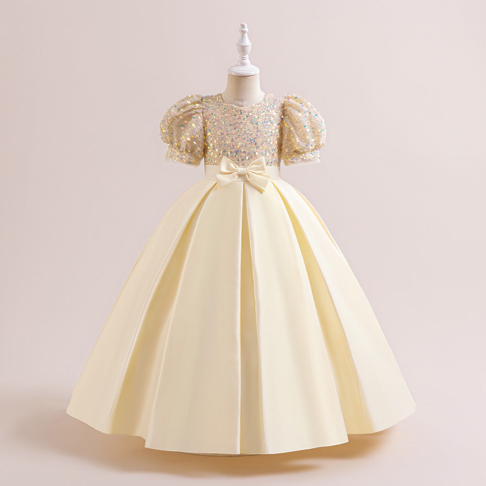 New Design Summer Baby Kids Girls Short Sleeves Glistening Sequin Festival Dress-5