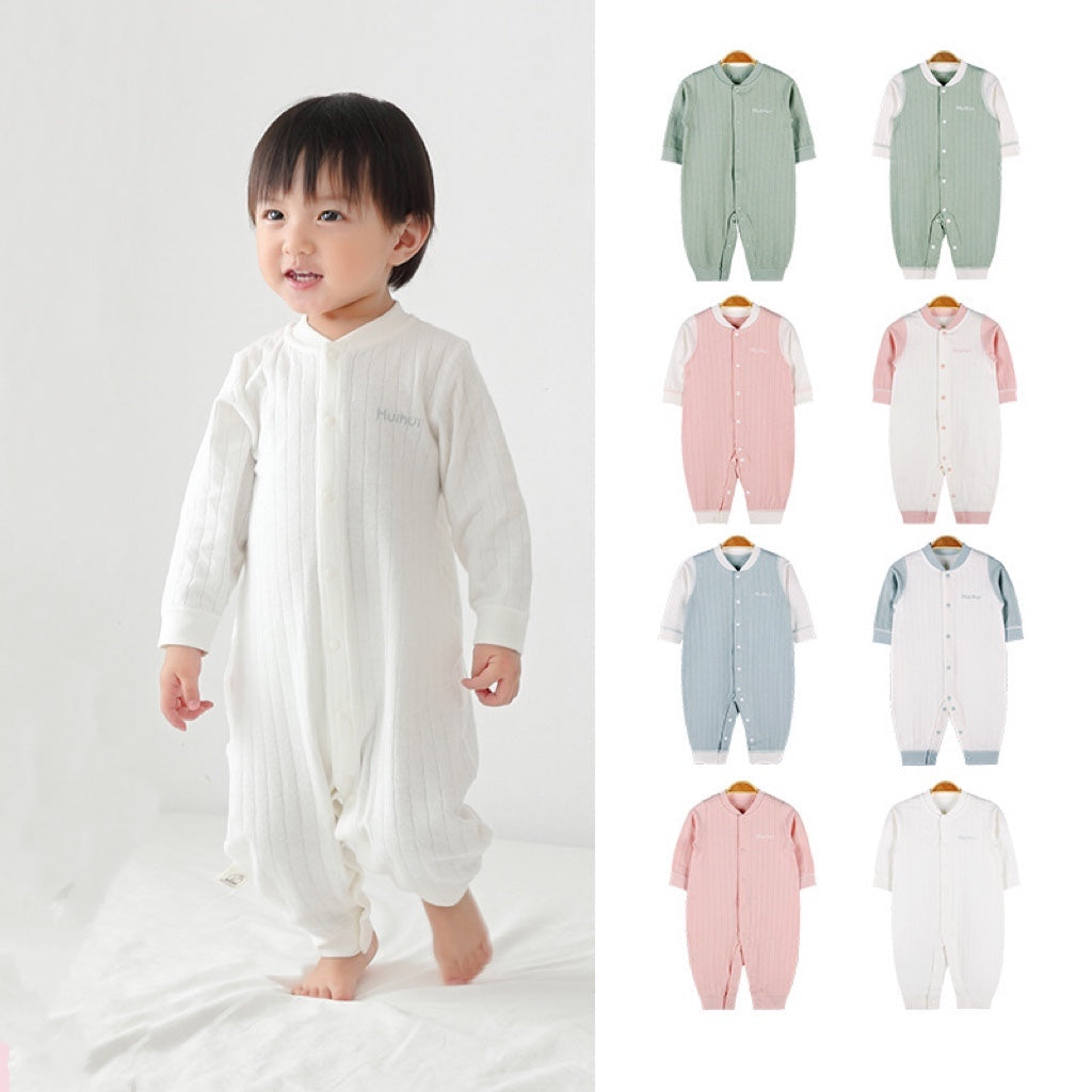 Baby Solid Color Pit Strip Fabric Single Breasted Design Cotton Jumpsuit Pajamas-0